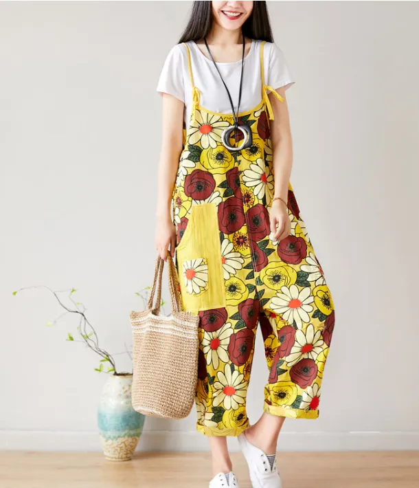 Floral Loose Denim Casual Spring Denim Overall Women Jumpsuits  QYCQ27