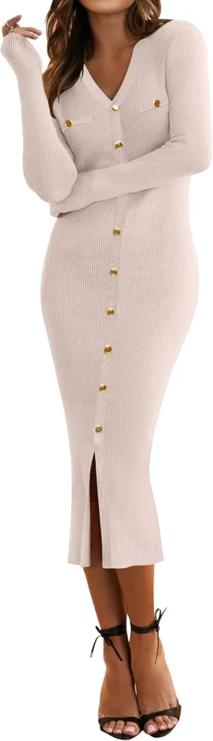 HAEOF Women's 2025 Fall Trendy Midi Sweater Dress Dressy Casual V Neck Long Sleeve Ribbed Knit Winter Formal Bodycon Dresses