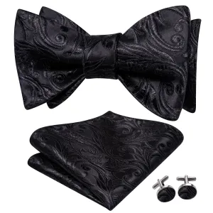 Hi-Tie Black Floral Jacquard Mens Formal Bowtie Hanky Cufflinks Set