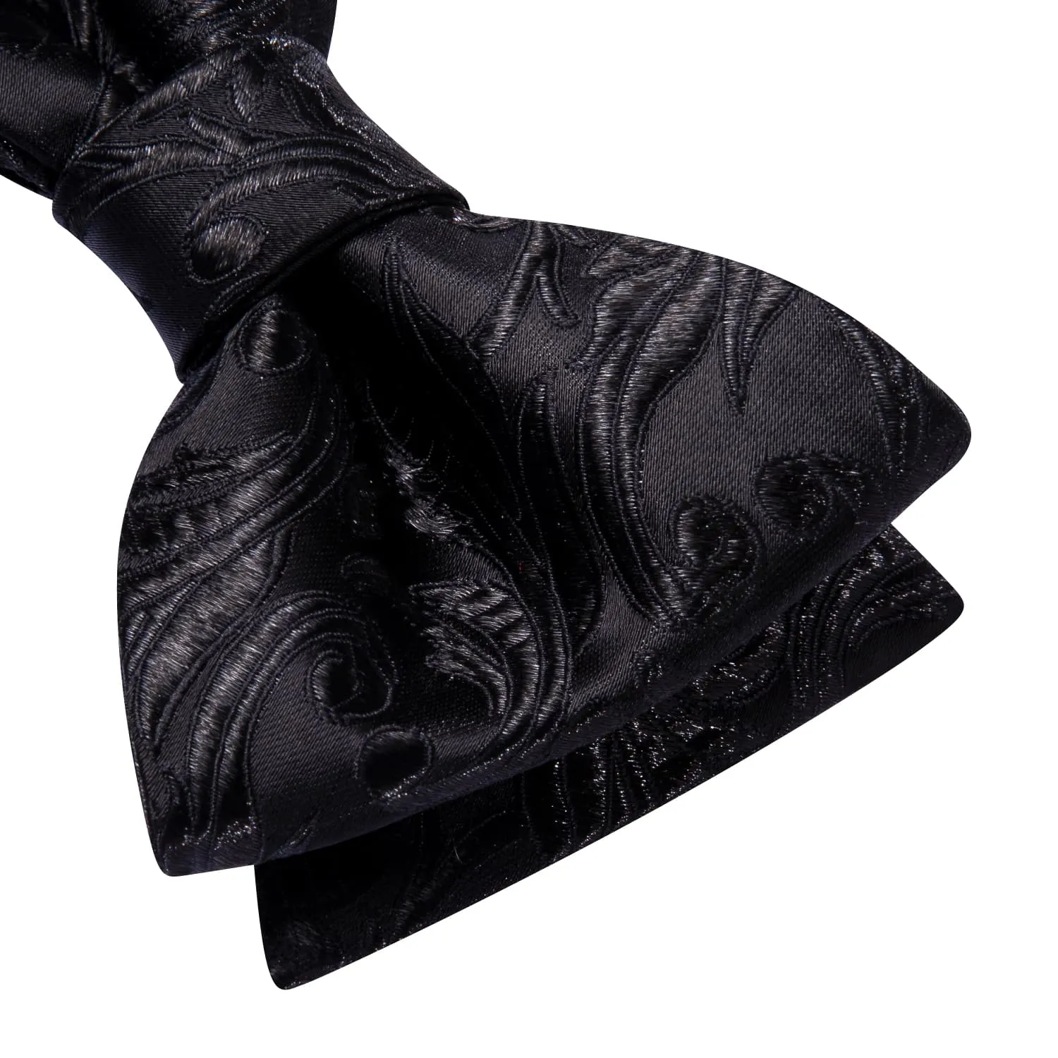 Hi-Tie Black Floral Jacquard Mens Formal Bowtie Hanky Cufflinks Set