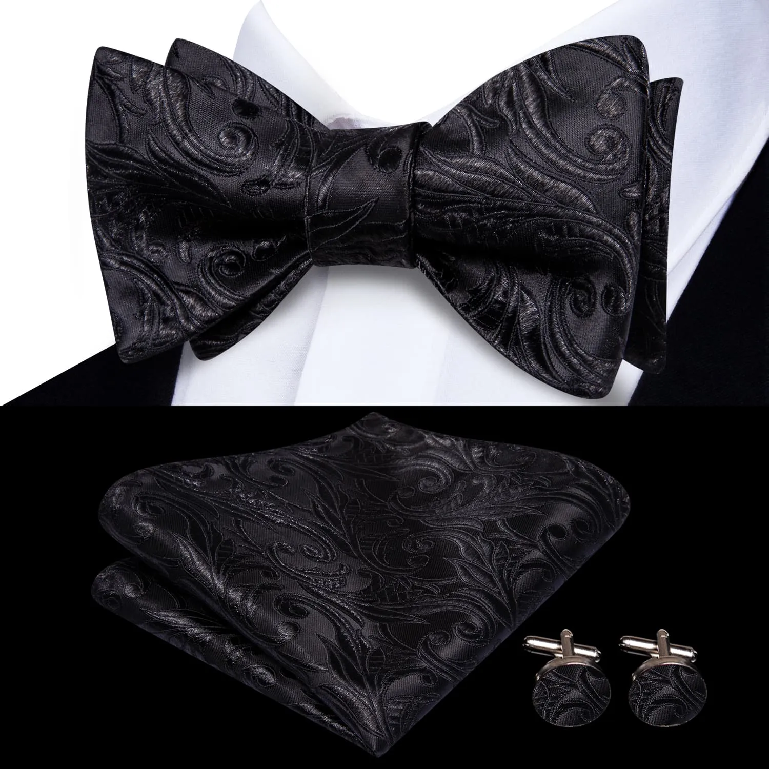 Hi-Tie Black Floral Jacquard Mens Formal Bowtie Hanky Cufflinks Set