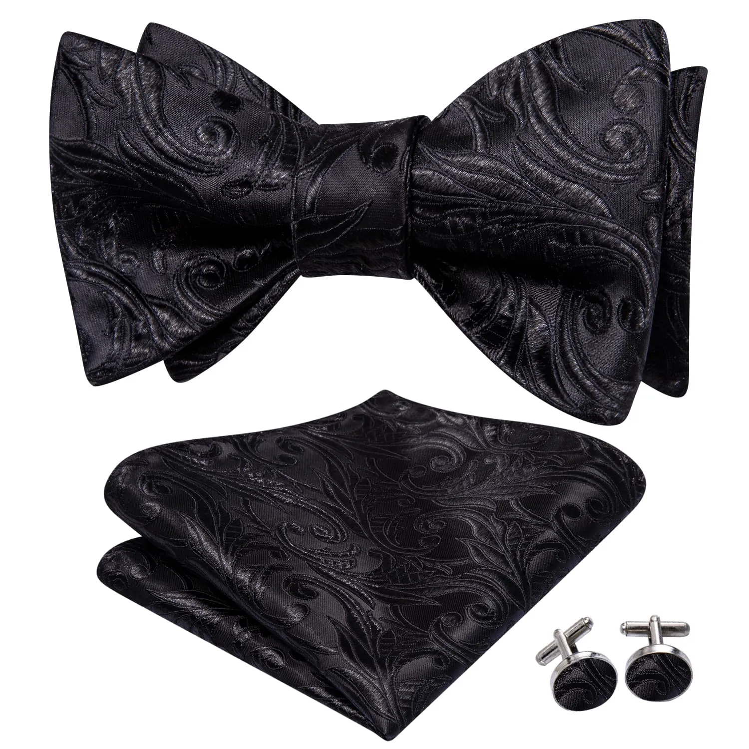 Hi-Tie Black Floral Jacquard Mens Formal Bowtie Hanky Cufflinks Set