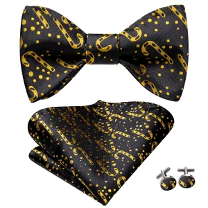 Hi-Tie Black Gold Christmas Cane Self-tied Bow Tie Hanky Cufflinks Set