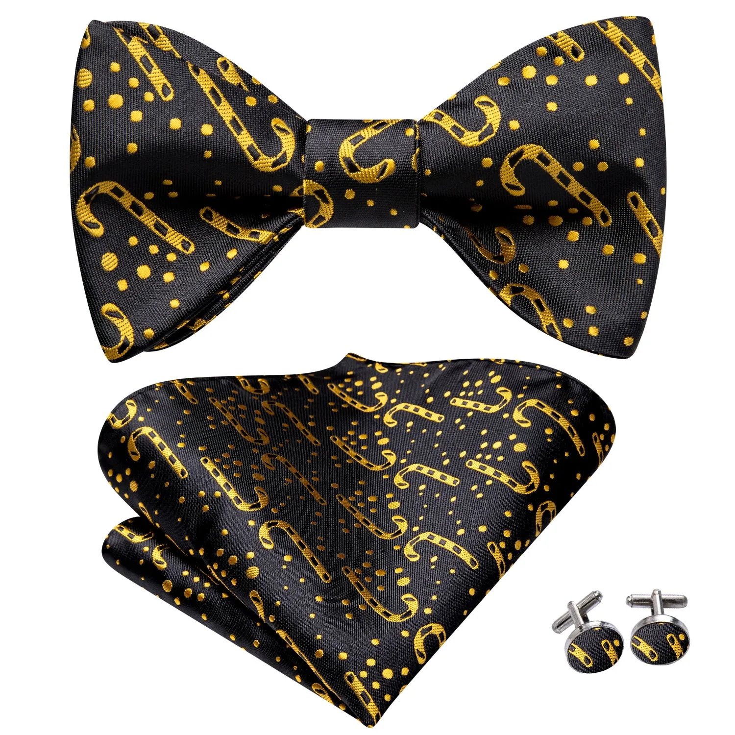 Hi-Tie Black Gold Christmas Cane Self-tied Bow Tie Hanky Cufflinks Set