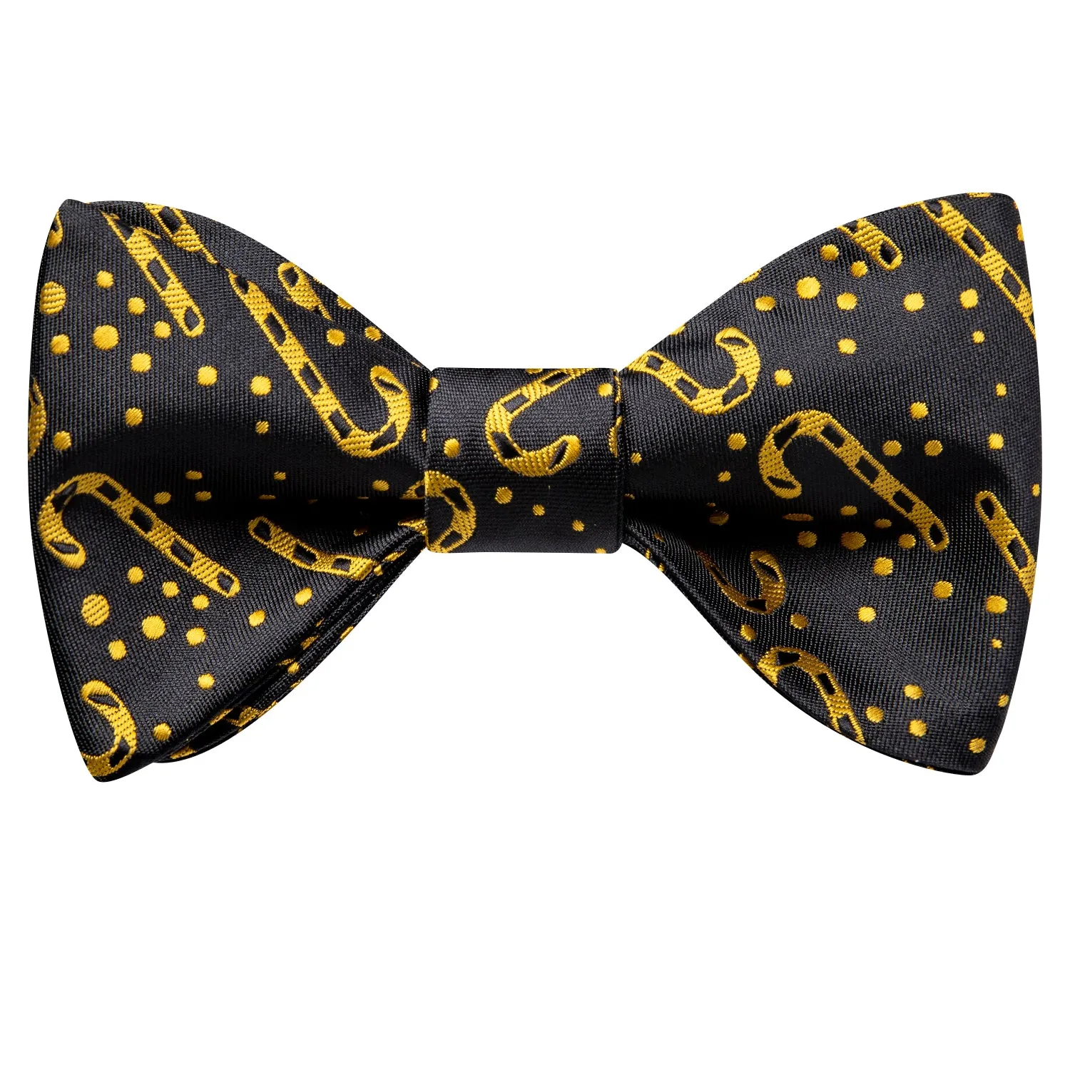 Hi-Tie Black Gold Christmas Cane Self-tied Bow Tie Hanky Cufflinks Set