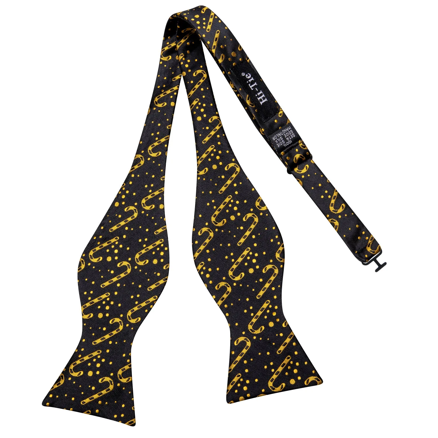 Hi-Tie Black Gold Christmas Cane Self-tied Bow Tie Hanky Cufflinks Set
