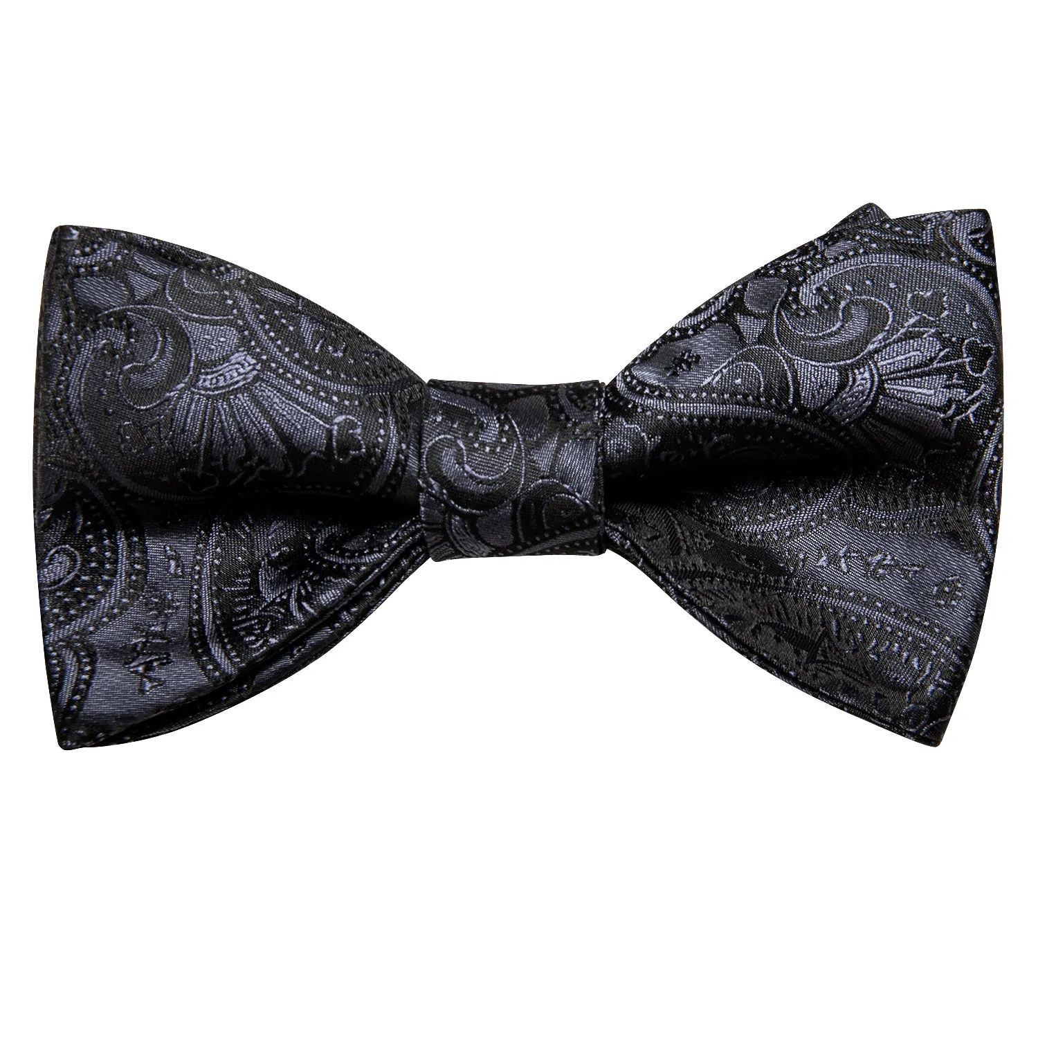 Hi-Tie Black Grey Paisley Self-tied Bowtie Pocket Square Cufflinks Set