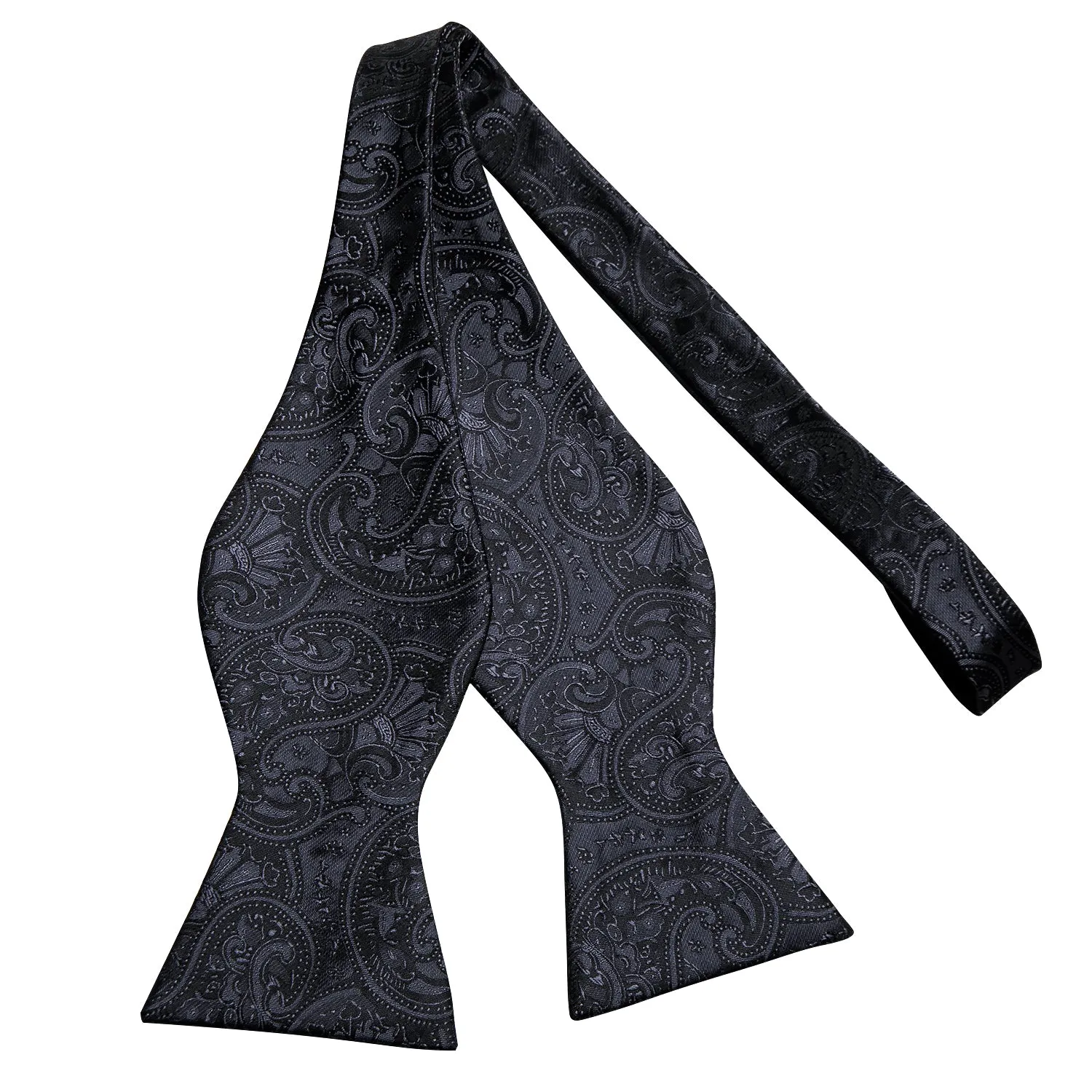 Hi-Tie Black Grey Paisley Self-tied Bowtie Pocket Square Cufflinks Set