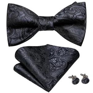 Hi-Tie Black Grey Paisley Self-tied Bowtie Pocket Square Cufflinks Set