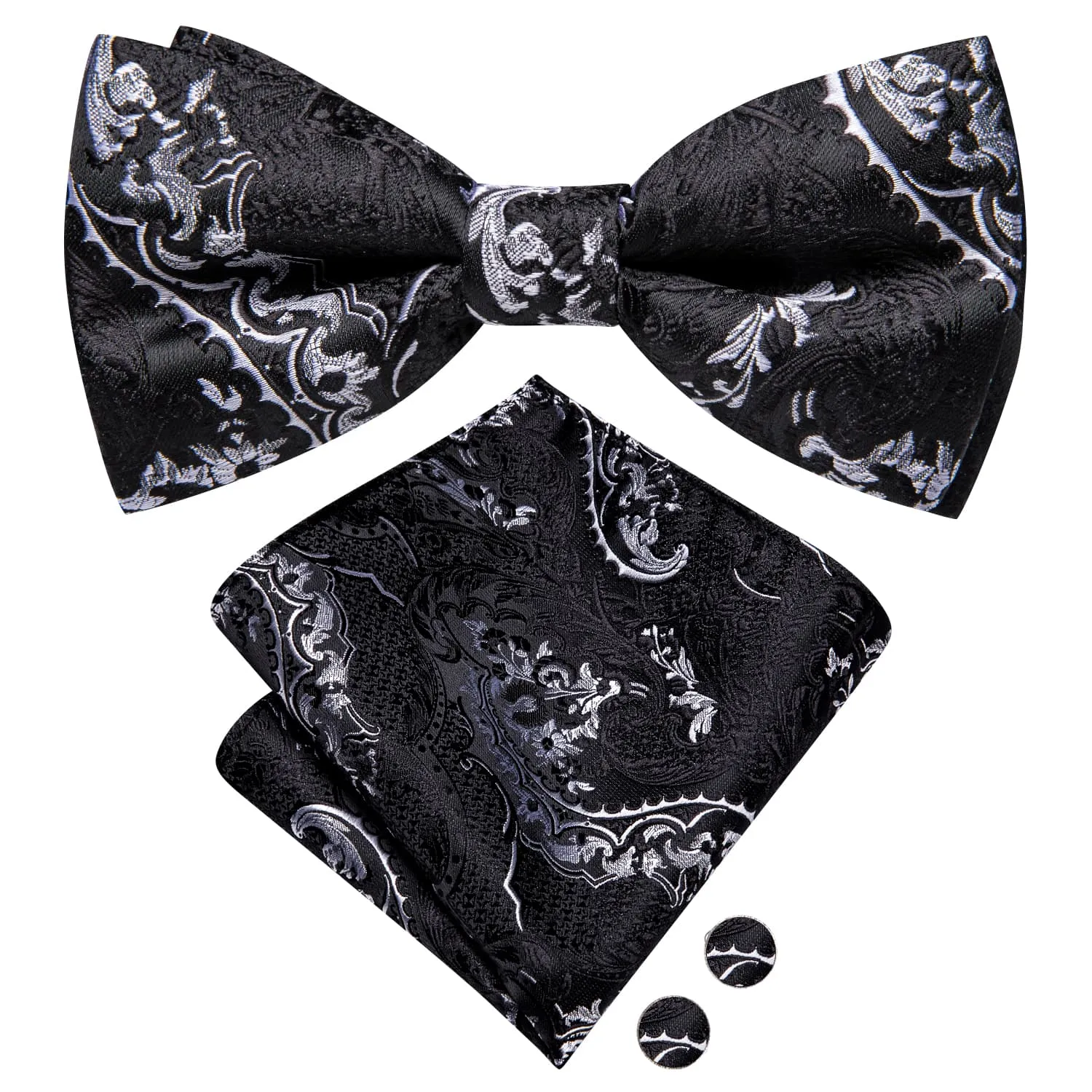 Hi-Tie Black Necktie Grey Jacquard Floral Bow Tie Hanky Cufflinks Set