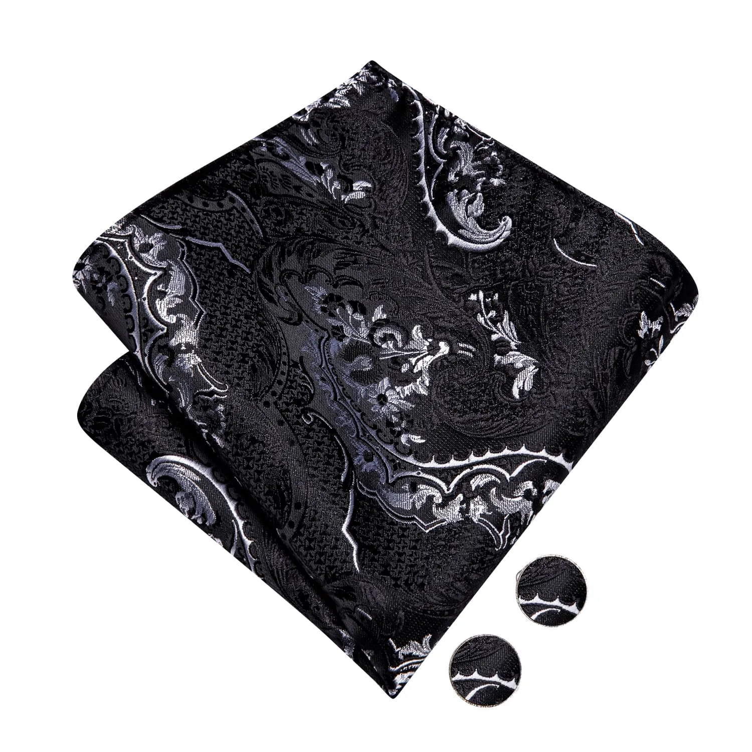 Hi-Tie Black Necktie Grey Jacquard Floral Bow Tie Hanky Cufflinks Set