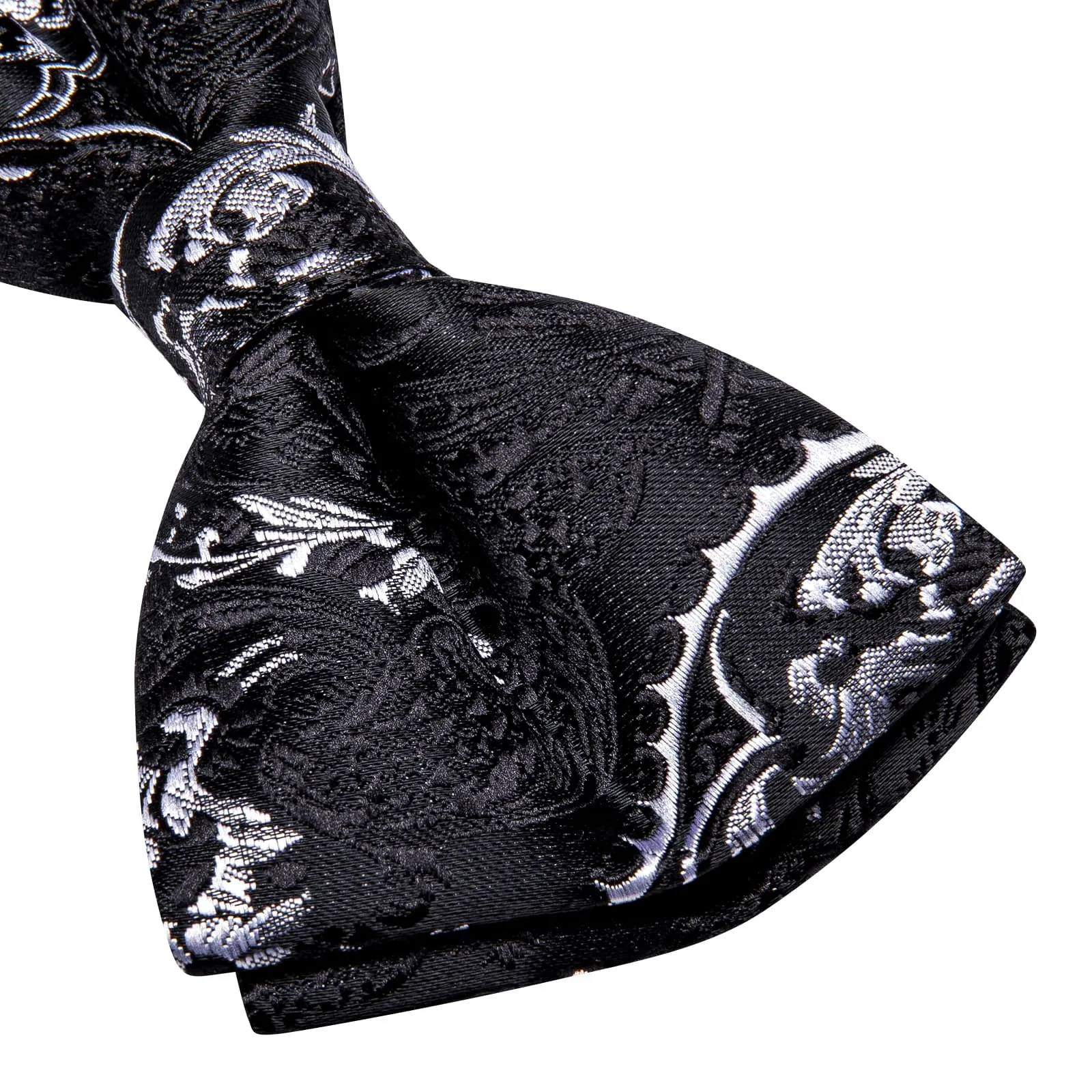 Hi-Tie Black Necktie Grey Jacquard Floral Bow Tie Hanky Cufflinks Set