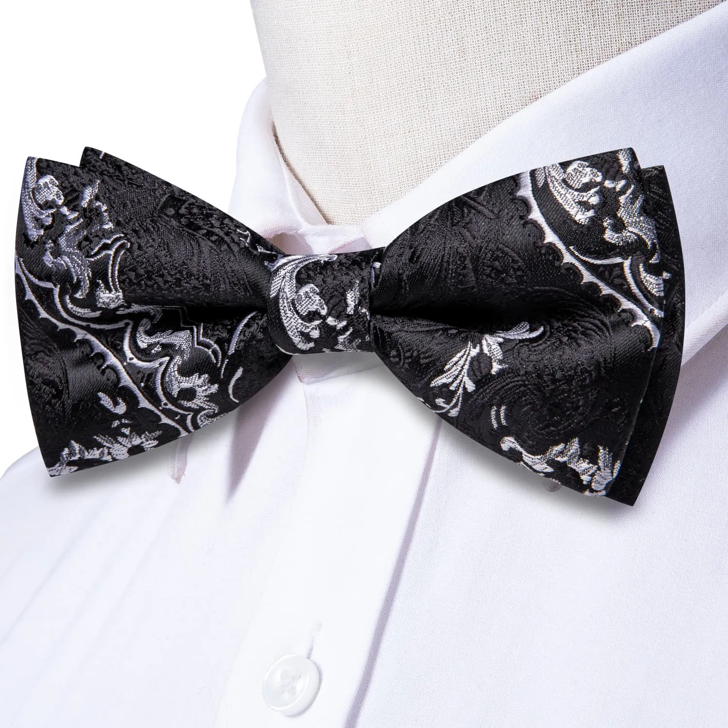 Hi-Tie Black Necktie Grey Jacquard Floral Bow Tie Hanky Cufflinks Set