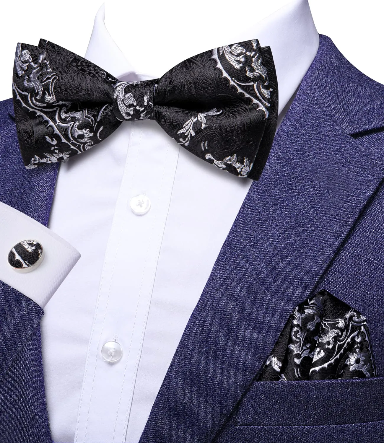 Hi-Tie Black Necktie Grey Jacquard Floral Bow Tie Hanky Cufflinks Set