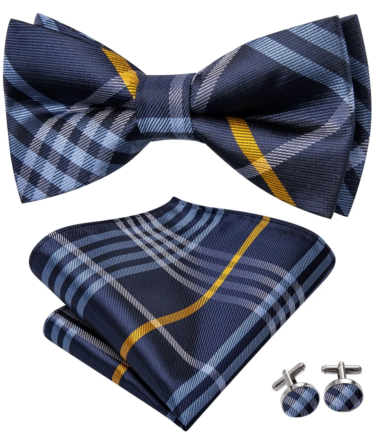 Hi-Tie Blue Necktie White Yellow Stripes Bow Tie Hanky Cufflinks Set