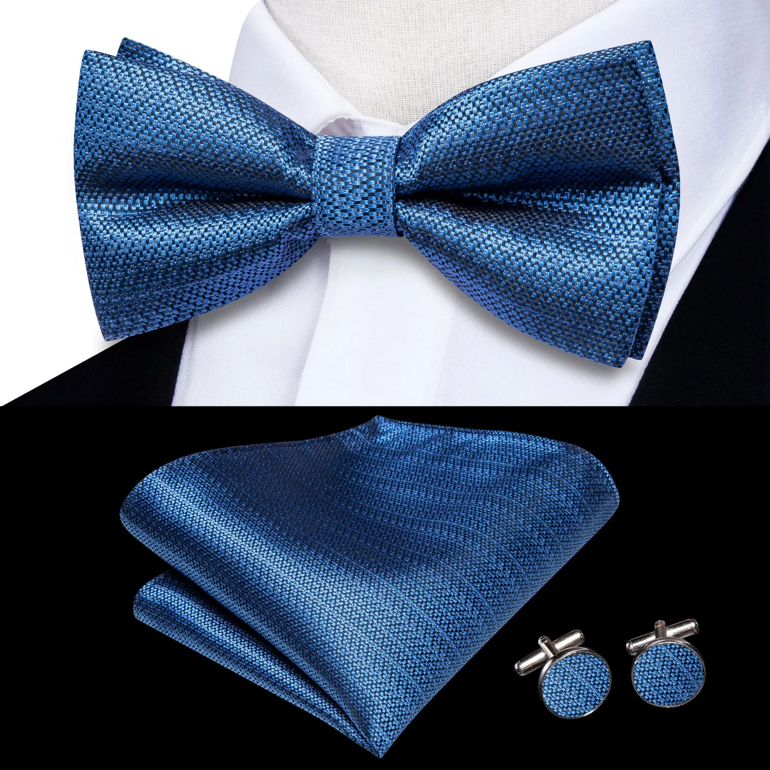 Hi-Tie Blue Weave Pre-tied Bow Tie Hanky Cufflinks Set