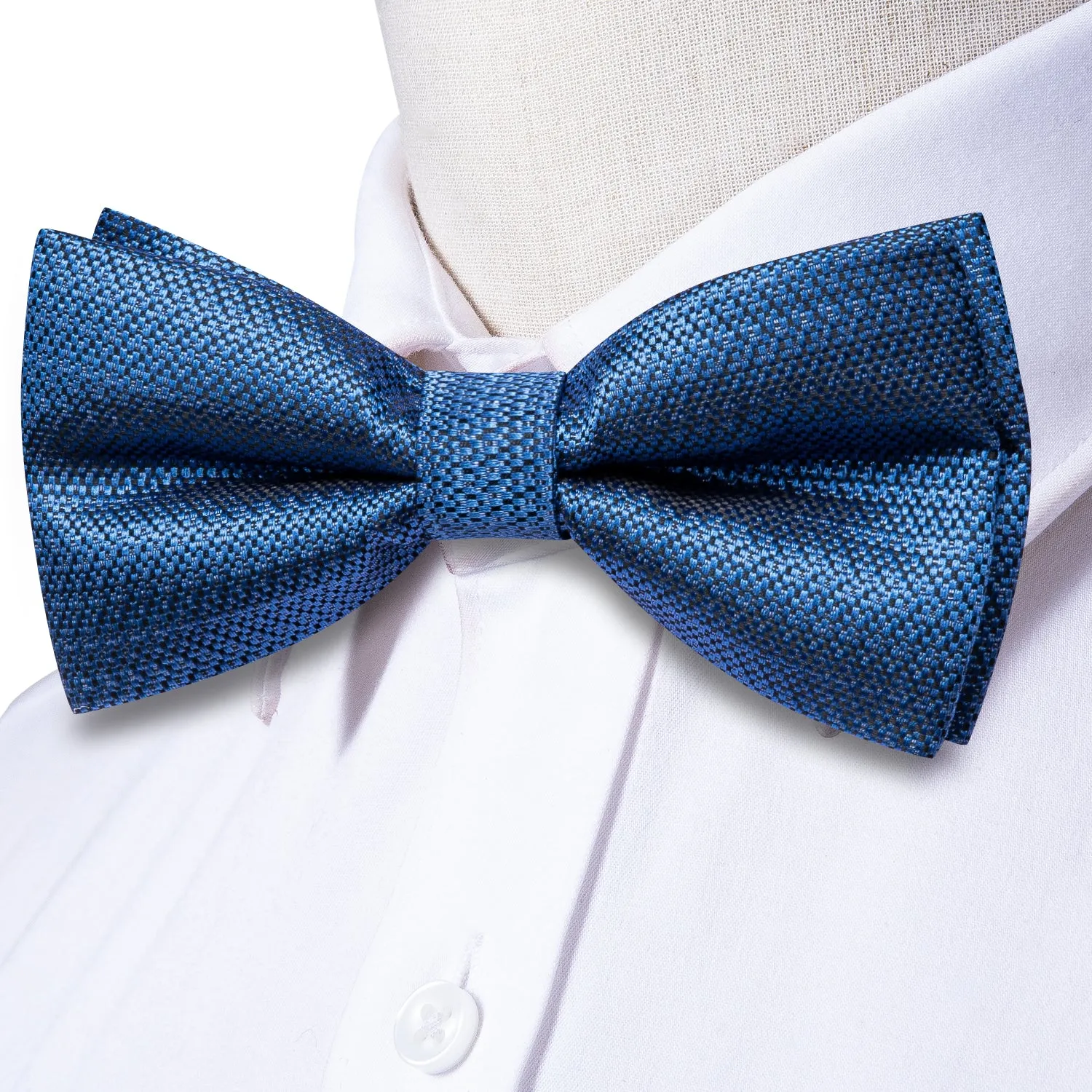 Hi-Tie Blue Weave Pre-tied Bow Tie Hanky Cufflinks Set