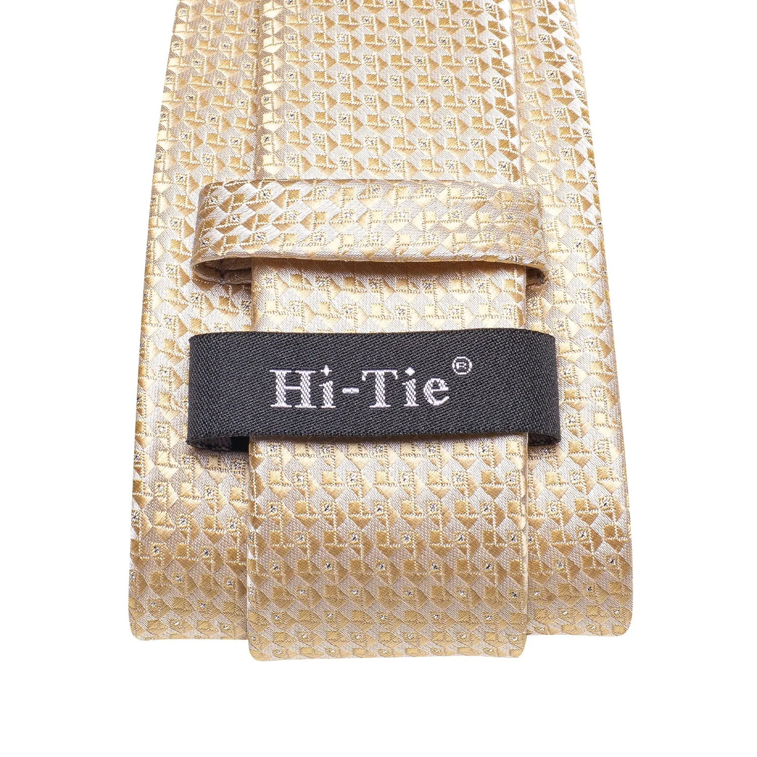 Hi-Tie Champagne Men Novelty Plaid Necktie Pocket Square Cufflinks Set