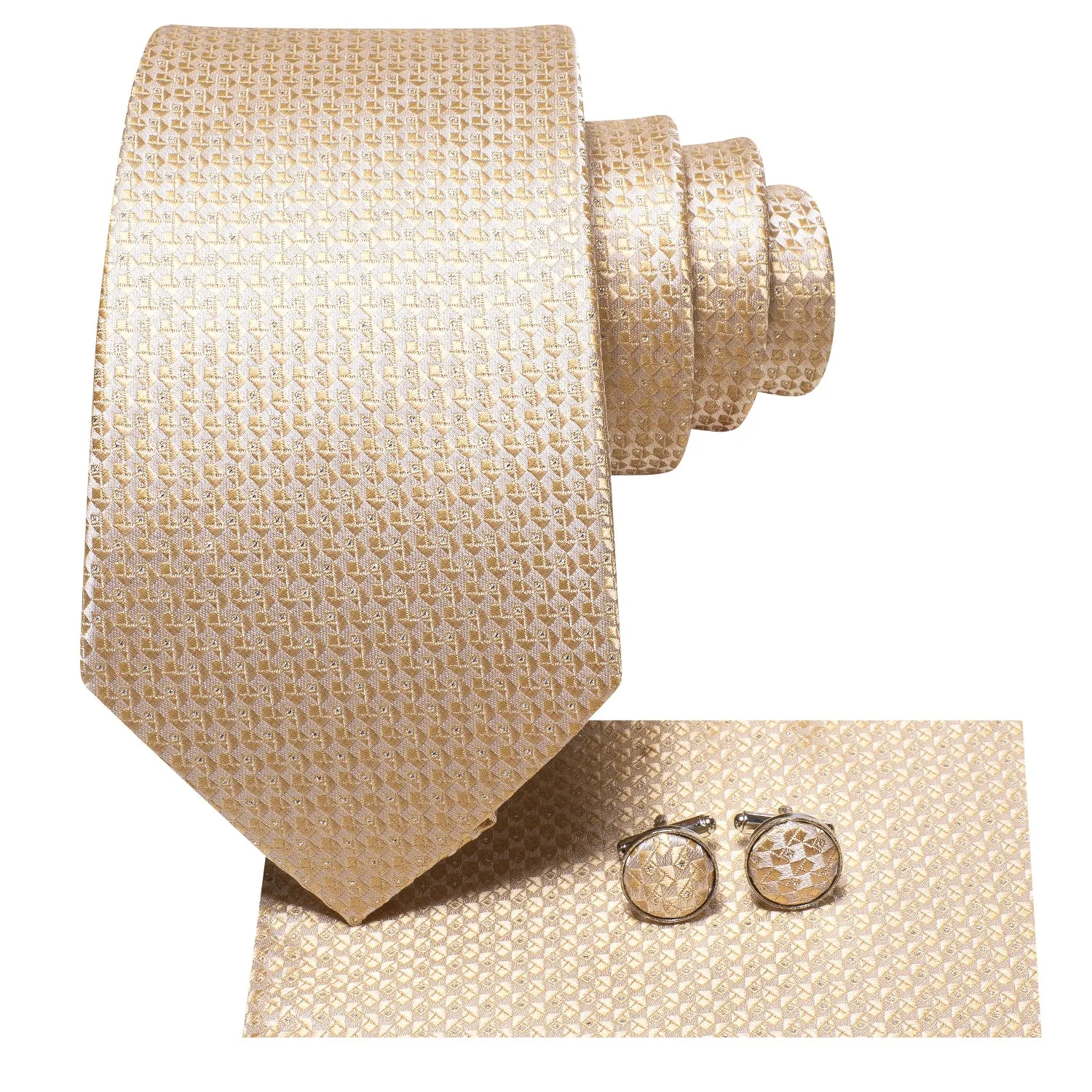 Hi-Tie Champagne Men Novelty Plaid Necktie Pocket Square Cufflinks Set