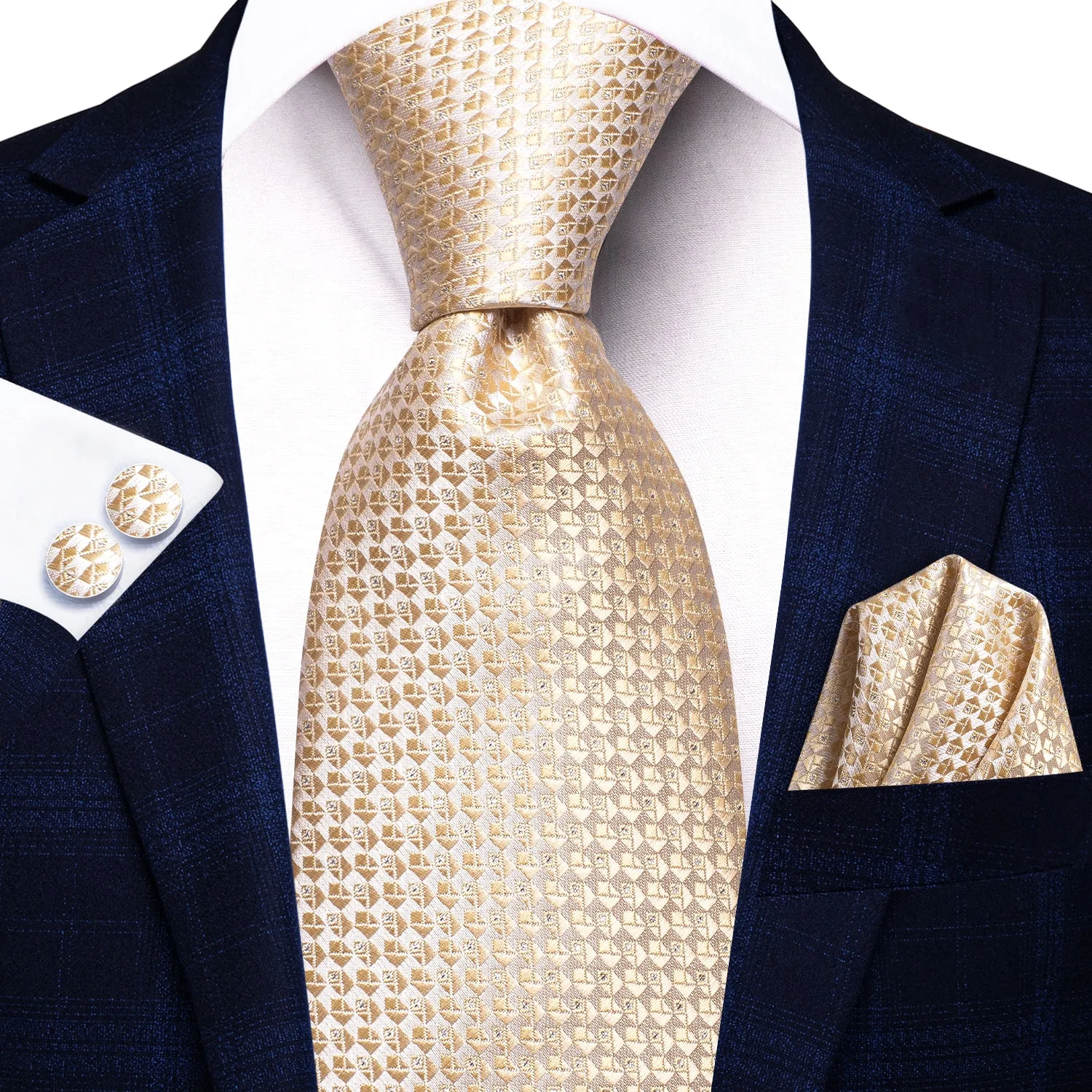 Hi-Tie Champagne Men Novelty Plaid Necktie Pocket Square Cufflinks Set