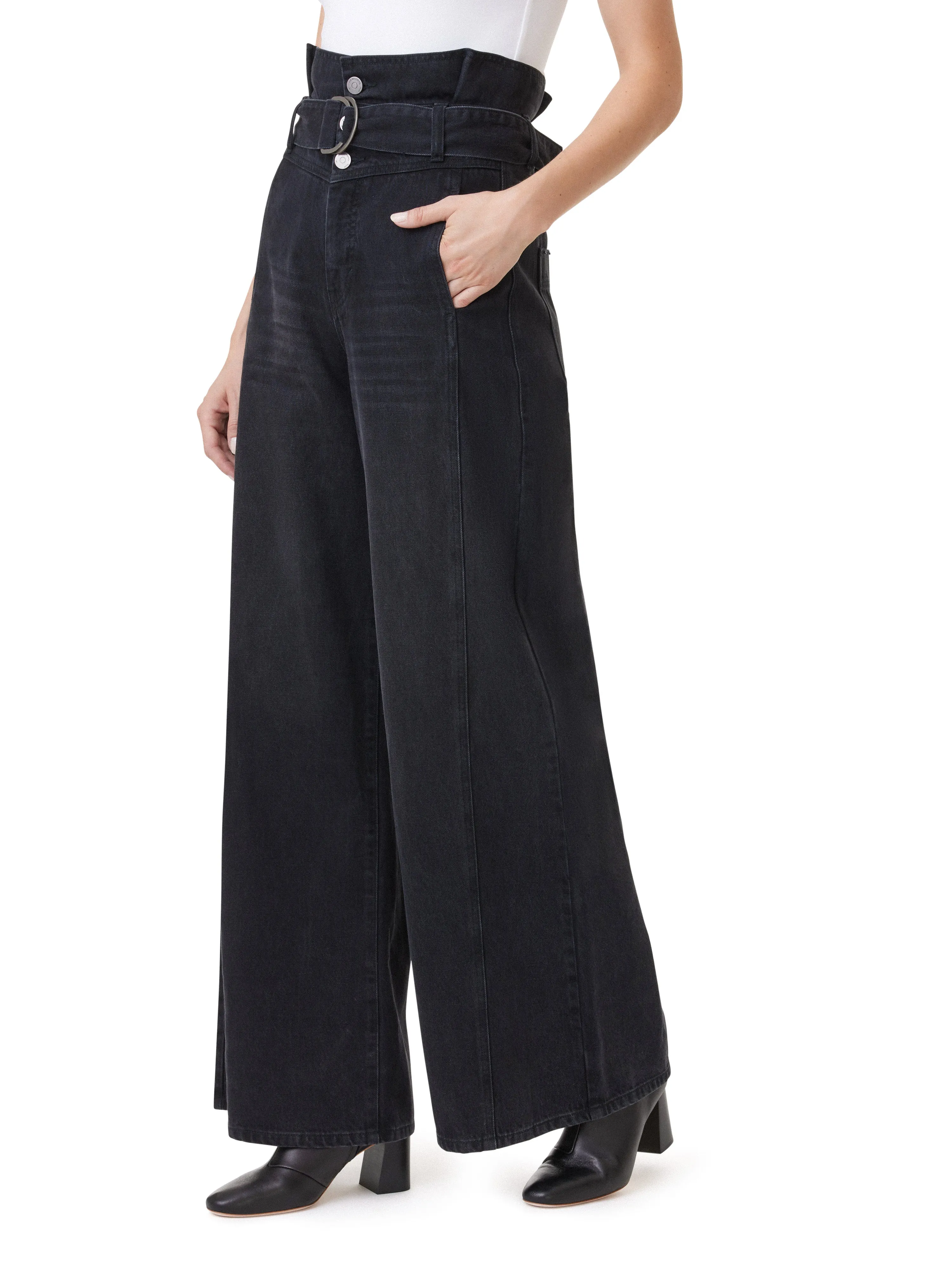 High Rise Paperbag Extreme Wide Leg Belted Jeans