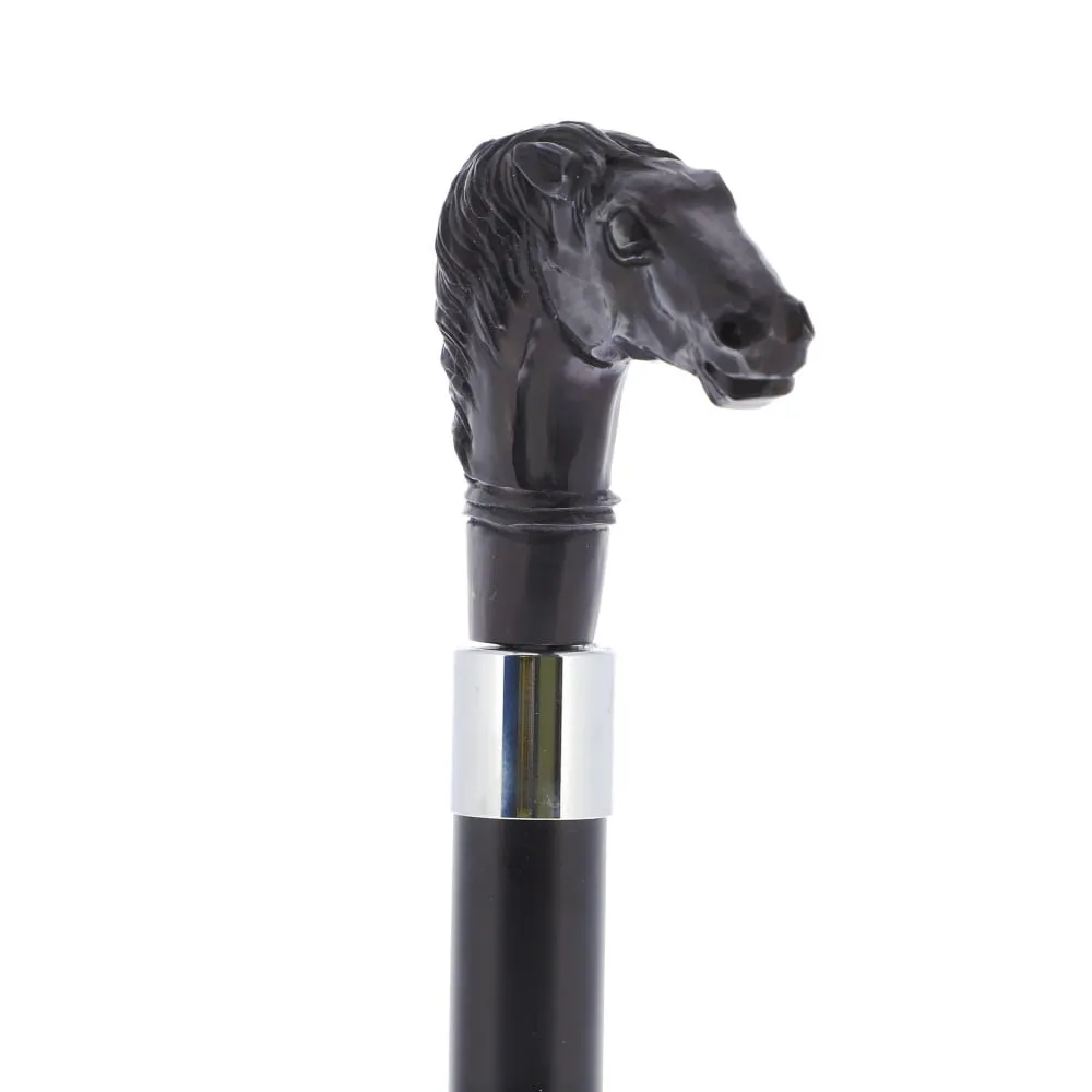 Horse Carving Dark Buffalo Horn Bone Handle Collector Cane w/Custom Shaft and Collar