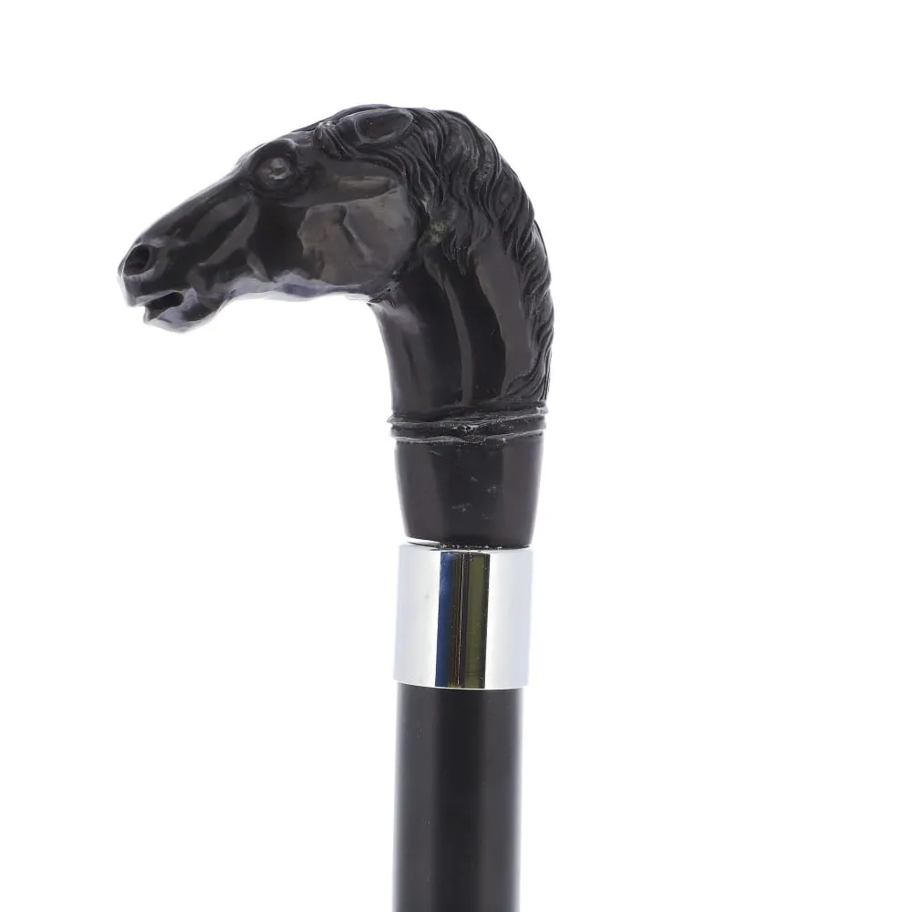 Horse Carving Dark Buffalo Horn Bone Handle Collector Cane w/Custom Shaft and Collar