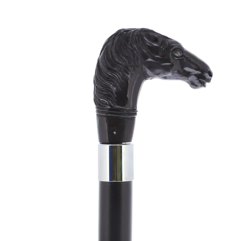 Horse Carving Dark Buffalo Horn Bone Handle Collector Cane w/Custom Shaft and Collar