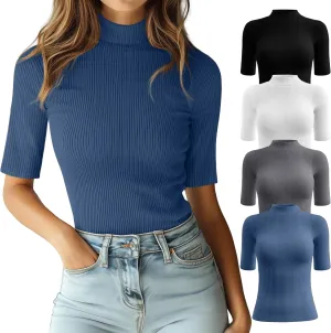 Huukeay 4 Pack Women's Mock Turtleneck Elbow Length Sleeve Ribbed Knit Tops, Tight Half Sleeve T-Shirts Casual Slim Tees