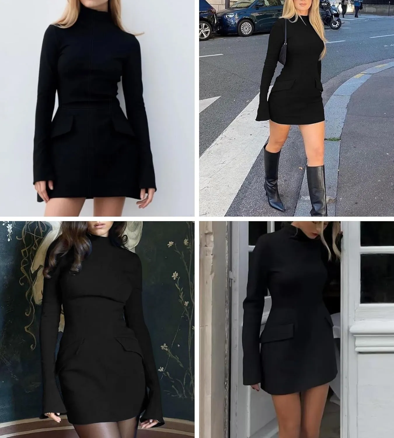 JUMISEE Womens Elegant Commuting Mini Dress Mock Neck Pocket Flare Sleeve Bodycon Dress Short Business Casual Dresses
