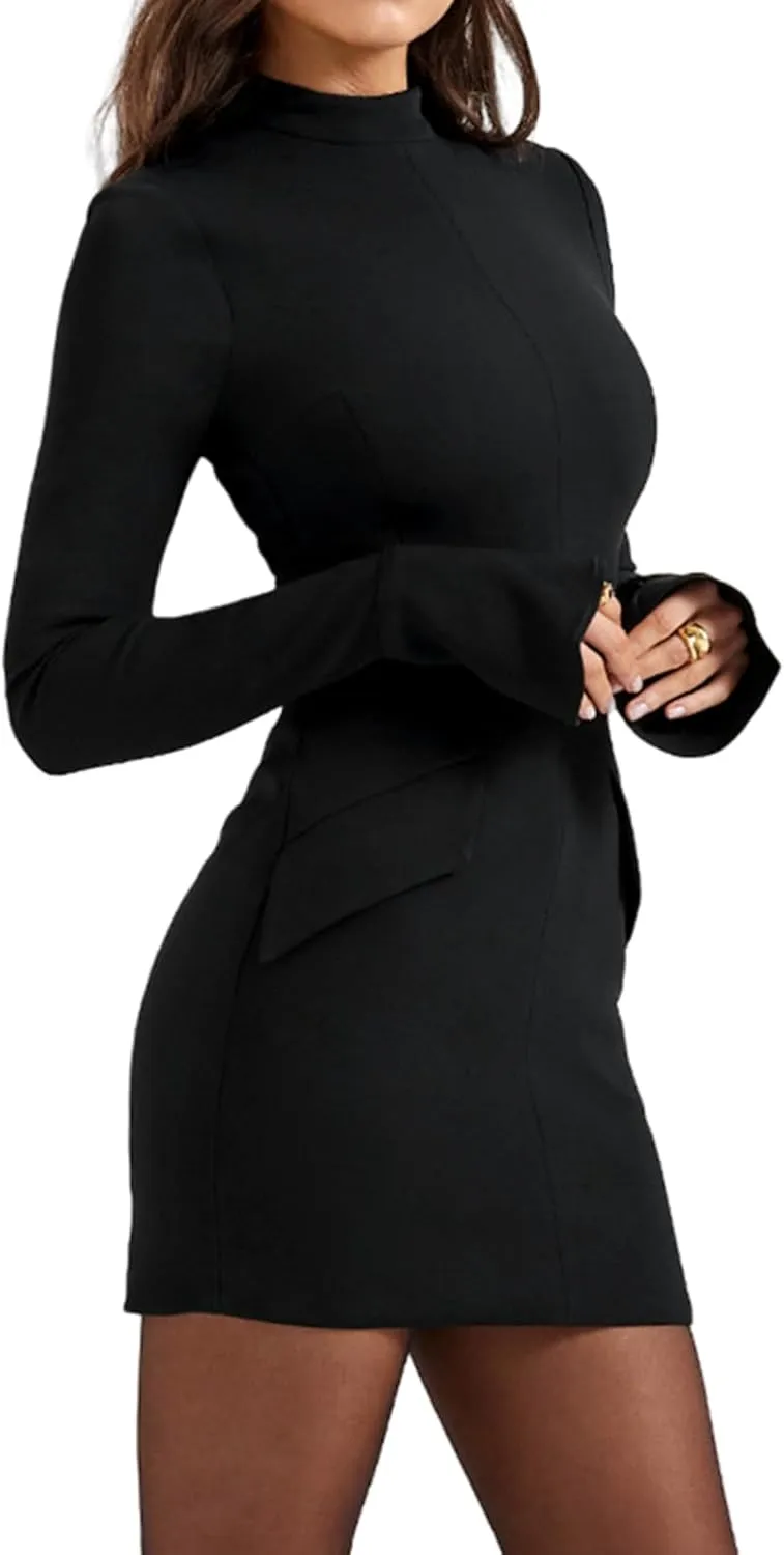 JUMISEE Womens Elegant Commuting Mini Dress Mock Neck Pocket Flare Sleeve Bodycon Dress Short Business Casual Dresses