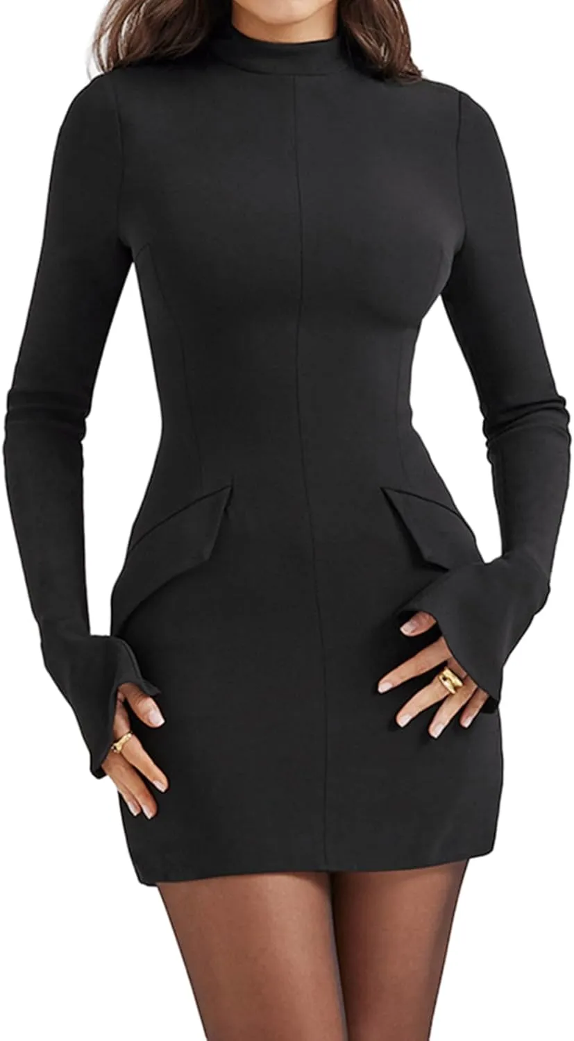 JUMISEE Womens Elegant Commuting Mini Dress Mock Neck Pocket Flare Sleeve Bodycon Dress Short Business Casual Dresses