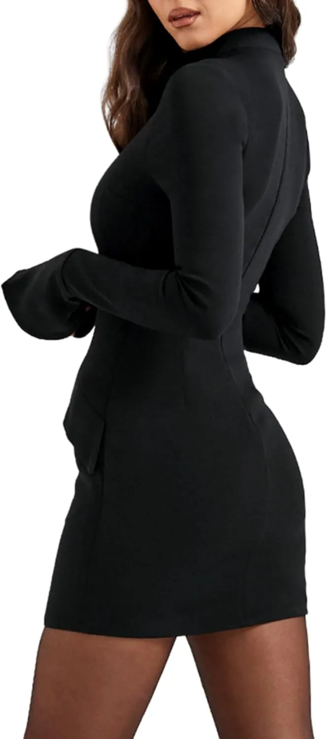 JUMISEE Womens Elegant Commuting Mini Dress Mock Neck Pocket Flare Sleeve Bodycon Dress Short Business Casual Dresses