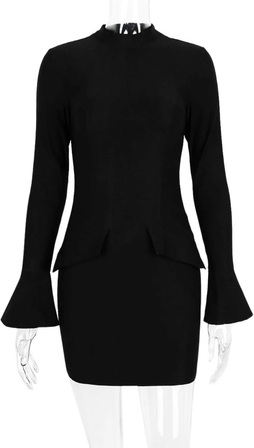 JUMISEE Womens Elegant Commuting Mini Dress Mock Neck Pocket Flare Sleeve Bodycon Dress Short Business Casual Dresses