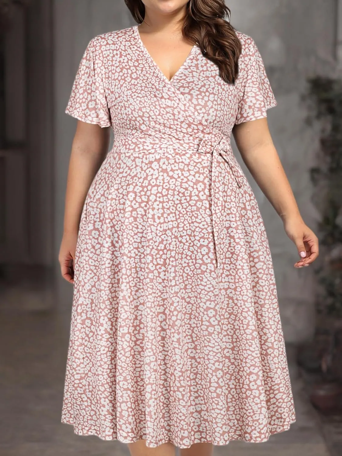 kissmay Plus Size Womens V Neck Floral Cocktail Party Midi Dresses with Pocket