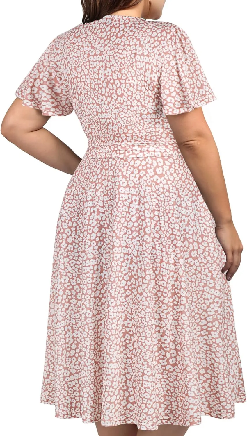 kissmay Plus Size Womens V Neck Floral Cocktail Party Midi Dresses with Pocket