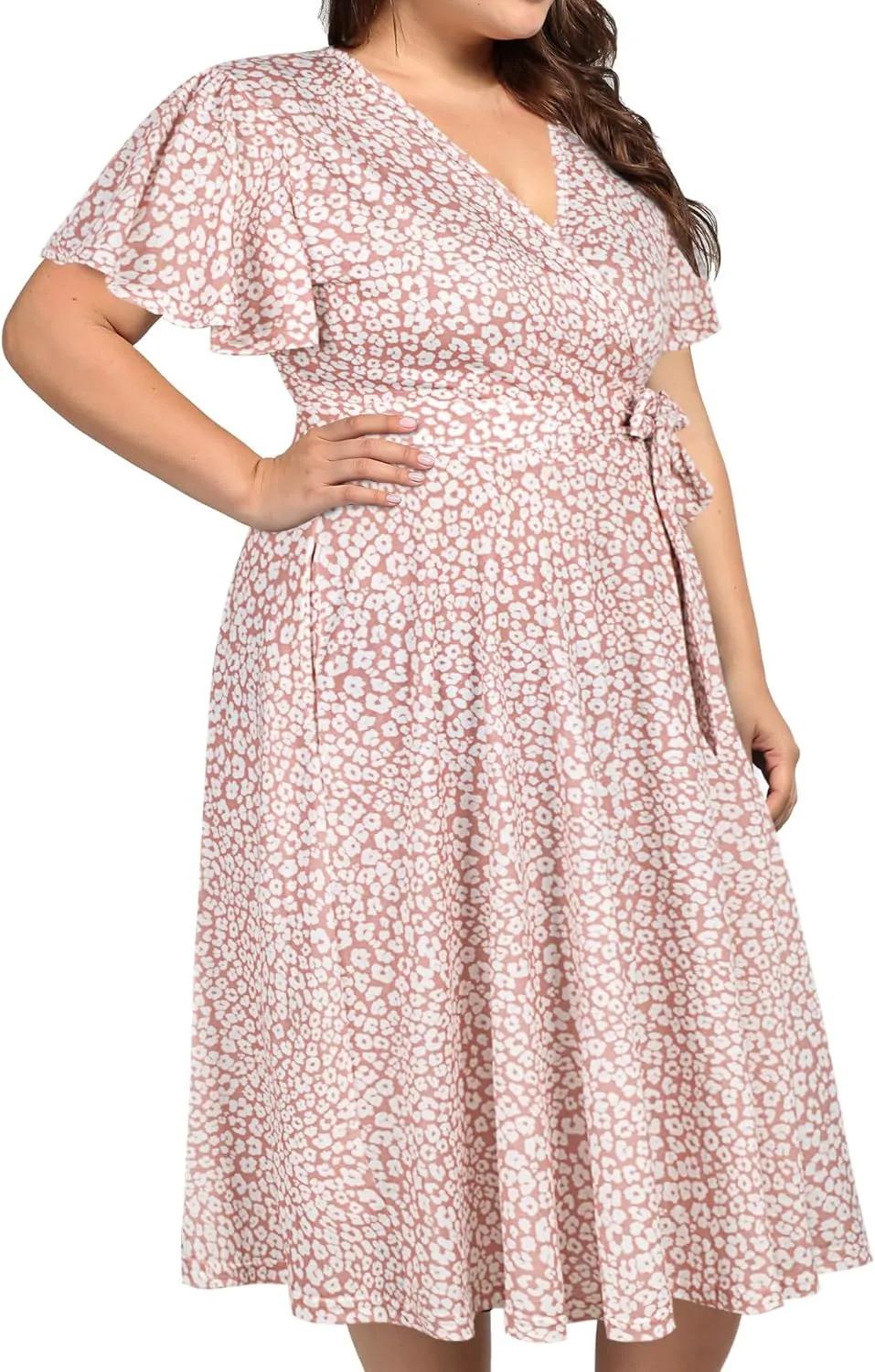 kissmay Plus Size Womens V Neck Floral Cocktail Party Midi Dresses with Pocket
