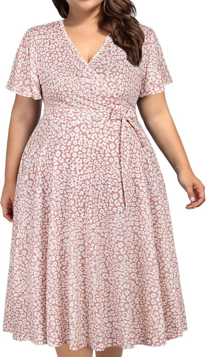 kissmay Plus Size Womens V Neck Floral Cocktail Party Midi Dresses with Pocket