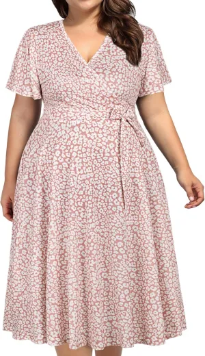 kissmay Plus Size Womens V Neck Floral Cocktail Party Midi Dresses with Pocket