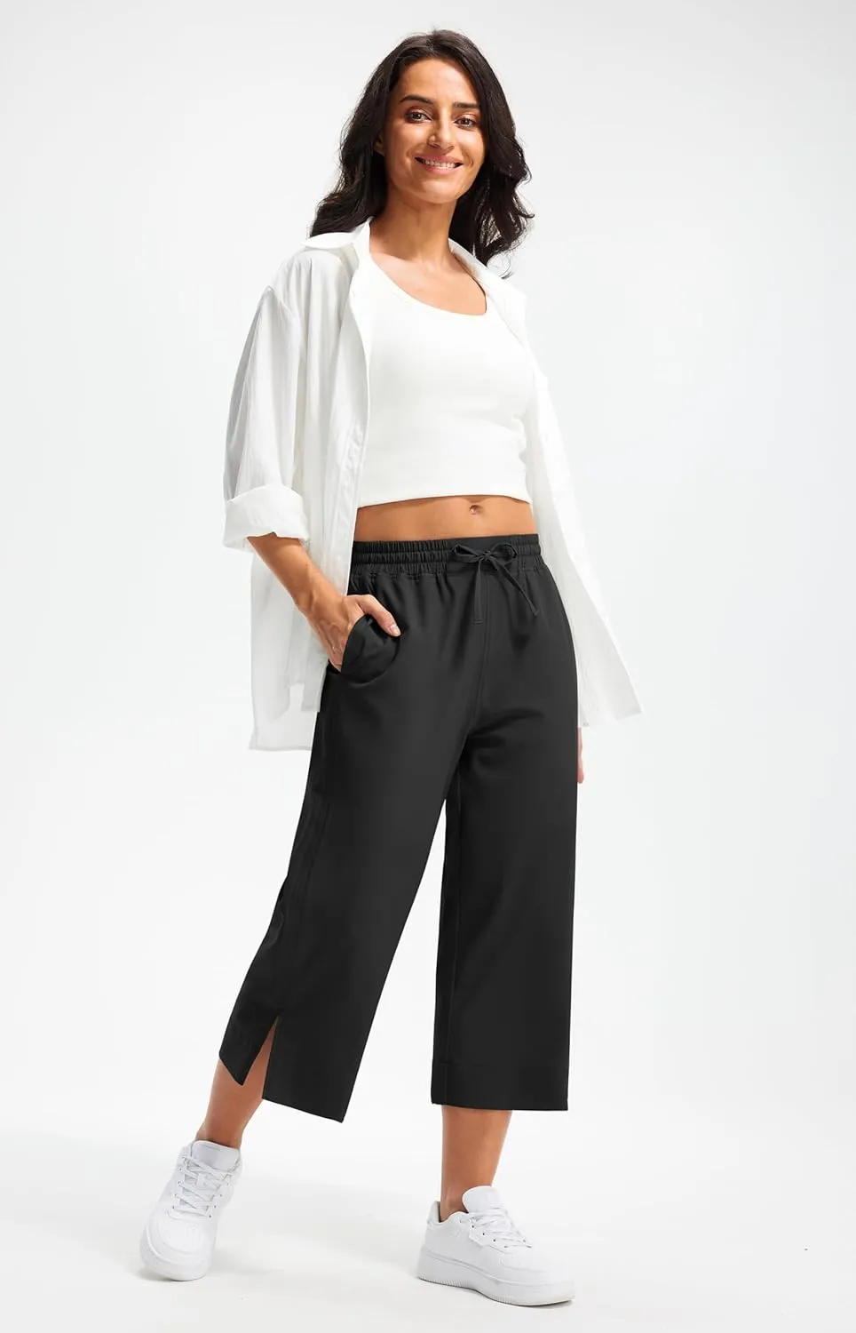 Libin Lightweight Wide Leg Capri Pants for Women High Waisted Quick Dry Casual Travel Pants Loose with Pockets Walking
