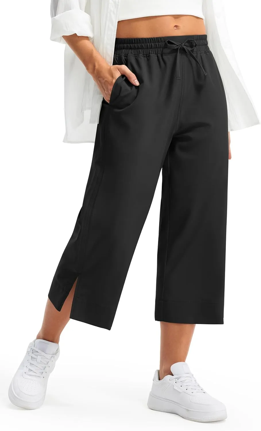 Libin Lightweight Wide Leg Capri Pants for Women High Waisted Quick Dry Casual Travel Pants Loose with Pockets Walking