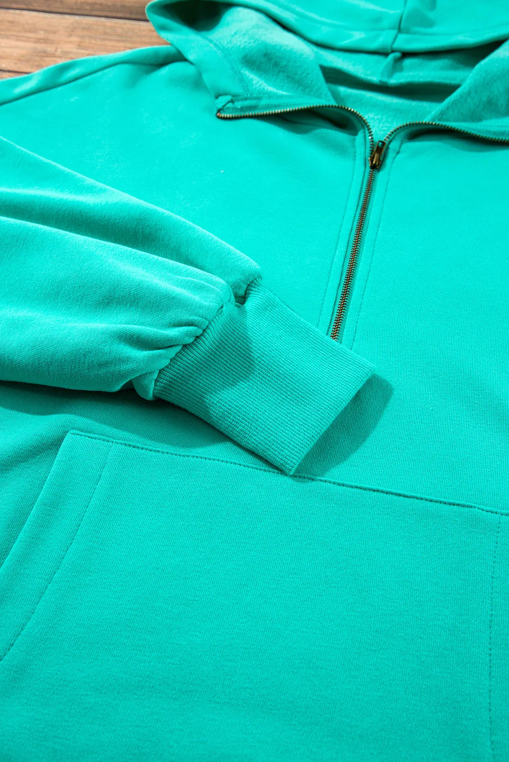 Light Grey Fleece Lined Half Zipper Kangaroo Pockets Loose Hoodie