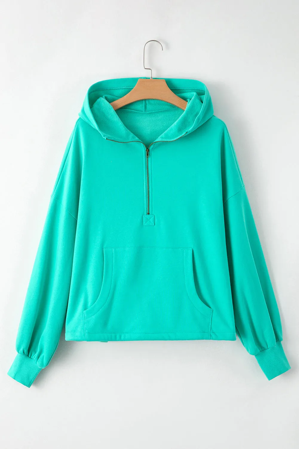 Light Grey Fleece Lined Half Zipper Kangaroo Pockets Loose Hoodie