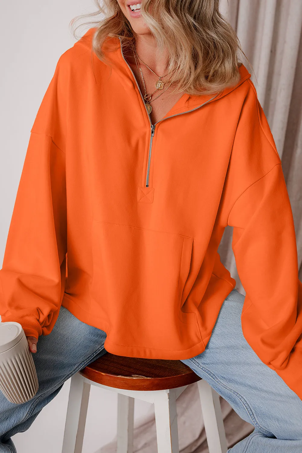 Light Grey Fleece Lined Half Zipper Kangaroo Pockets Loose Hoodie