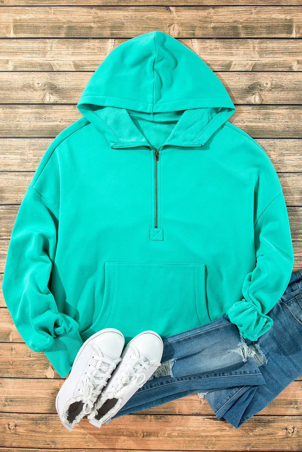 Light Grey Fleece Lined Half Zipper Kangaroo Pockets Loose Hoodie