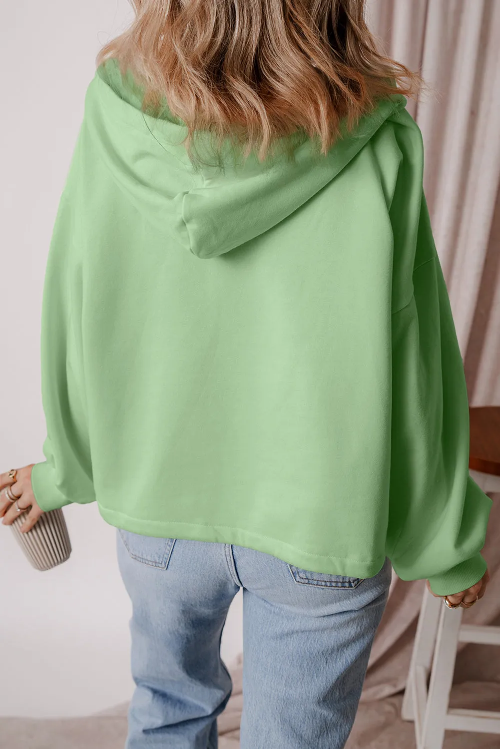 Light Grey Fleece Lined Half Zipper Kangaroo Pockets Loose Hoodie
