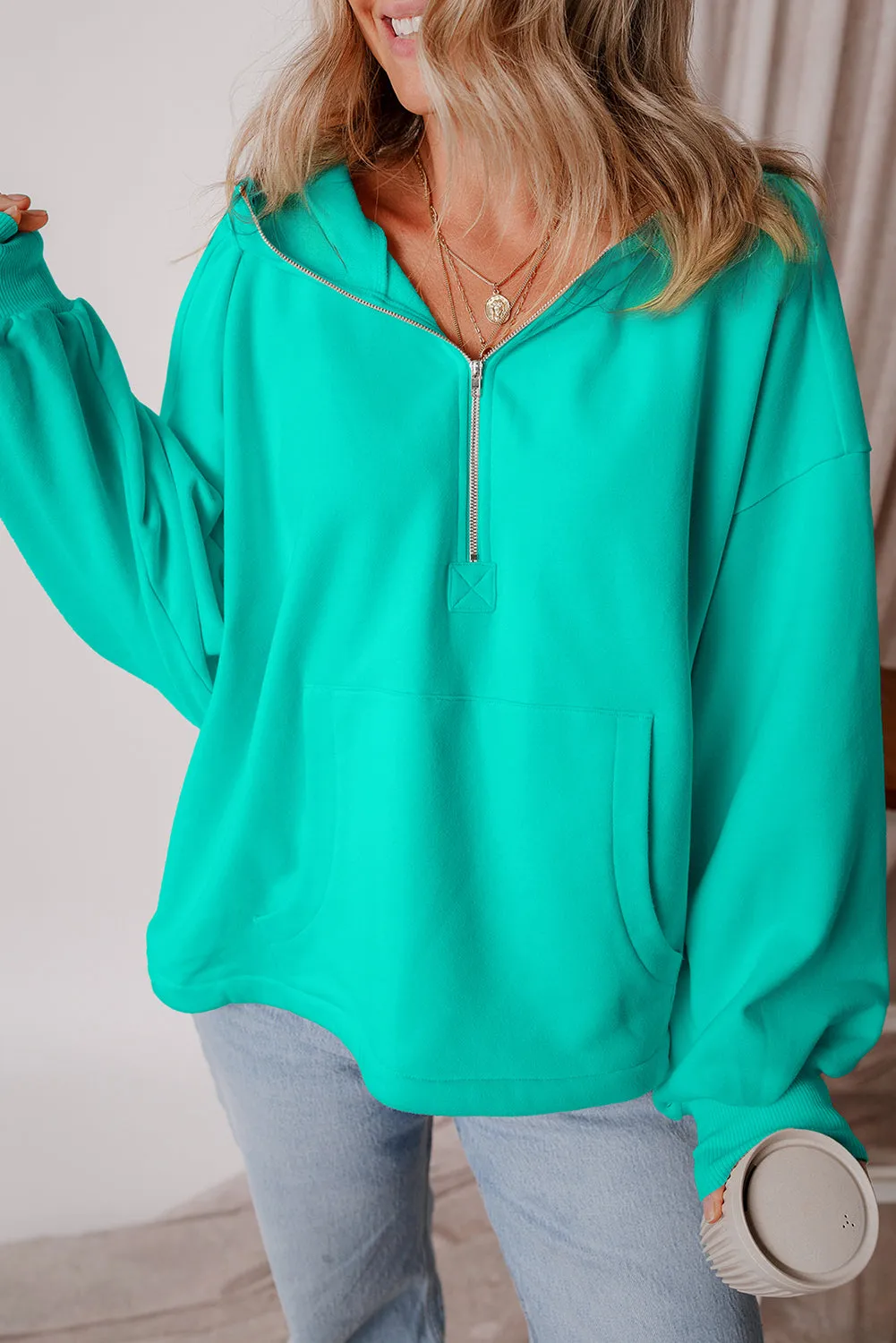 Light Grey Fleece Lined Half Zipper Kangaroo Pockets Loose Hoodie