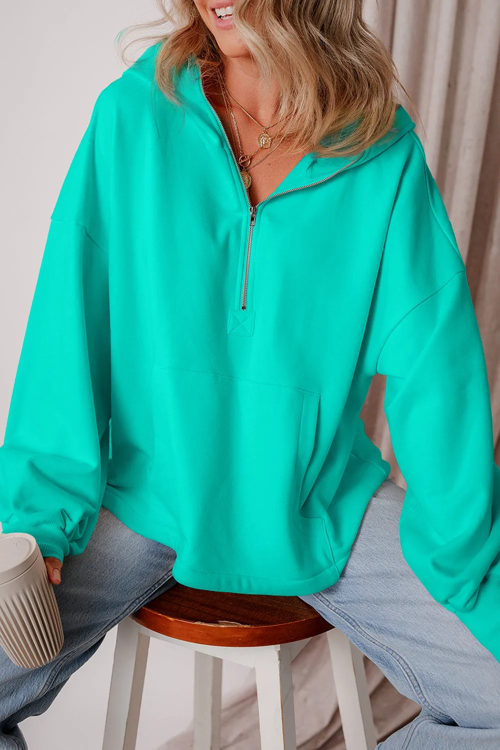Light Grey Fleece Lined Half Zipper Kangaroo Pockets Loose Hoodie