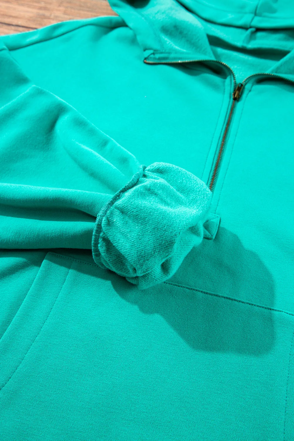 Light Grey Fleece Lined Half Zipper Kangaroo Pockets Loose Hoodie