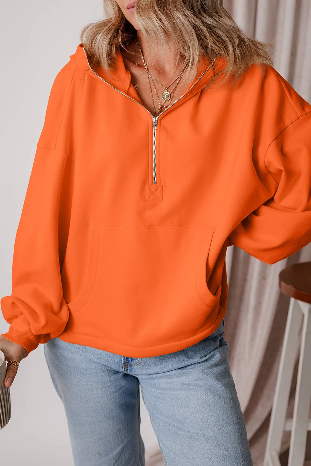 Light Grey Fleece Lined Half Zipper Kangaroo Pockets Loose Hoodie